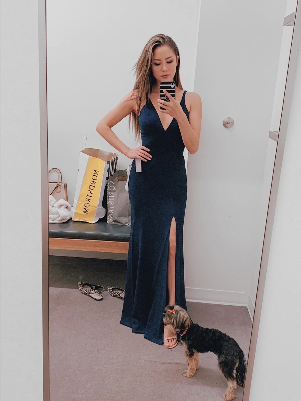 Dress the Population Navy V-Neck Evening Gown with Front side Slit